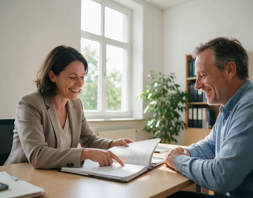 In einer hellen Kanzlei zeigt eine Anwältin einem Mandanten eine Stelle in einer aufgeschlagenen Akte, beide lächeln, hinter ihnen ein Fenster ins Grüne