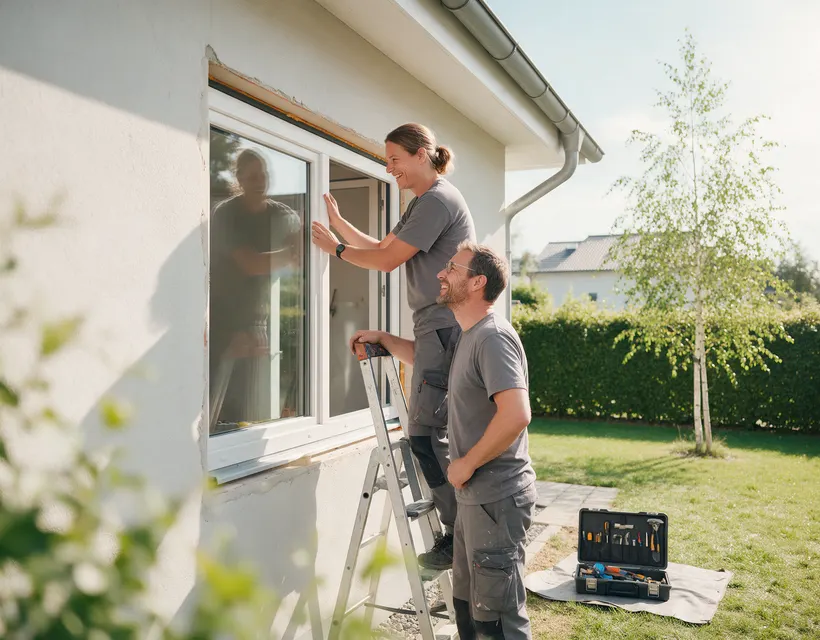 Zwei Handwerker setzen am Haus eines Kunden einen Fensterrahmen ein, einer steht auf einer Trittleiter, im Garten liegt der geöffnete Werkzeugkoffer
