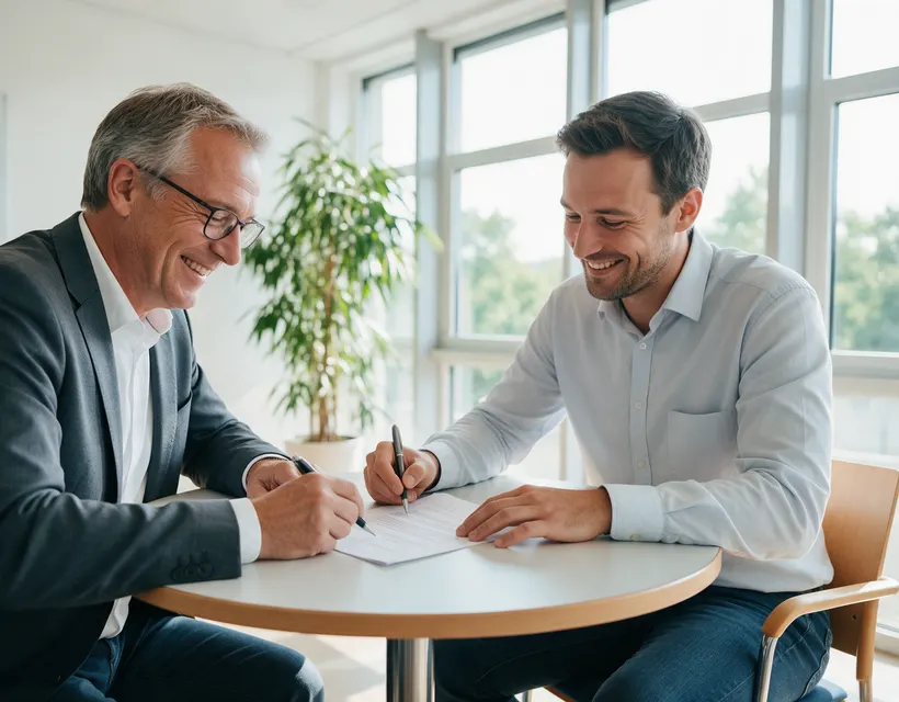 Ein Unternehmer und ein jüngerer Kollege lesen an einem runden Tisch gemeinsam einen Vertrag, einer unterstreicht eine Zeile mit dem Stift