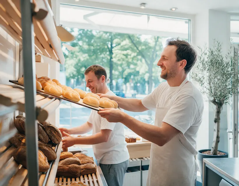 In einer kleinen Bäckerei schiebt ein Bäcker ein Blech mit frischen Brötchen ins Regal, ein Kollege daneben sortiert Brote, beide lächeln