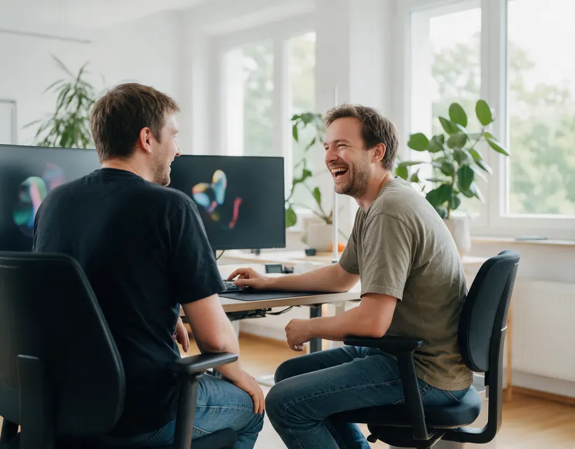 Zwei Entwickler sitzen an einem gemeinsamen Schreibtisch mit zwei Bildschirmen, einer dreht sich lachend zum anderen, im Raum stehen große Grünpflanzen
