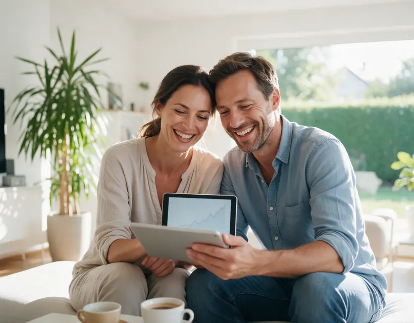 Ein Paar sitzt eng nebeneinander auf einem hellen Sofa und schaut lächelnd auf ein Tablet, im Hintergrund große Zimmerpflanzen und ein Fenster in den Garten
