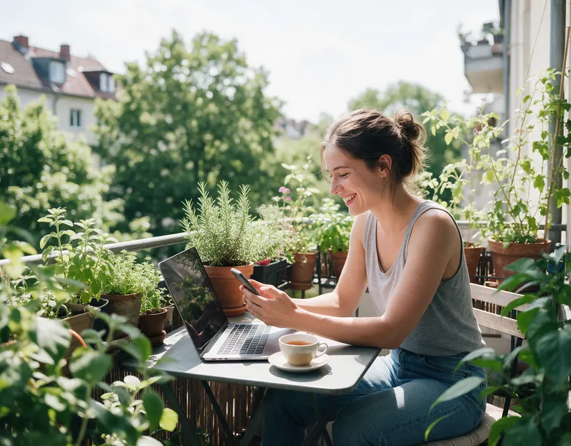 Eine junge Frau sitzt mit Laptop und Tasse an einem kleinen Tisch auf ihrem Balkon voller Pflanzen und lächelt auf ihr Telefon, dahinter grüne Baumkronen