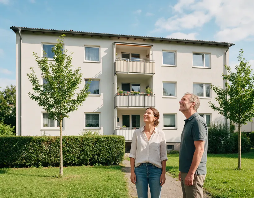 Eine Frau und ein Mann stehen auf dem Weg vor einem hellen dreistöckigen Mehrfamilienhaus mit Balkonen und sehen an der Fassade hinauf