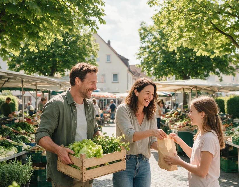 Eine Familie an einem Gemüsestand auf einem Wochenmarkt: die Frau reicht einem Mädchen eine Papiertüte, der Mann daneben lacht; über dem Platz große belaubte Kastanien, ringsum Buchsbaumhecken und helle Stadthäuser