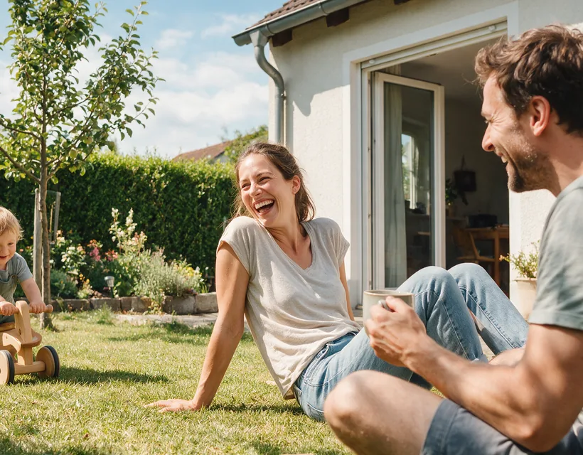 Eine Familie im Garten: Die Mutter sitzt lachend im Gras, der Vater hält eine Tasse, das Kleinkind schiebt ein Holzrutschauto