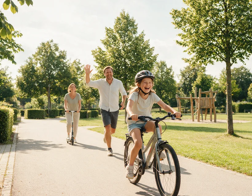 Ein Mädchen mit Fahrradhelm fährt lachend über einen Parkweg, hinter ihr winkt ein Mann, weiter hinten eine Frau mit Tretroller