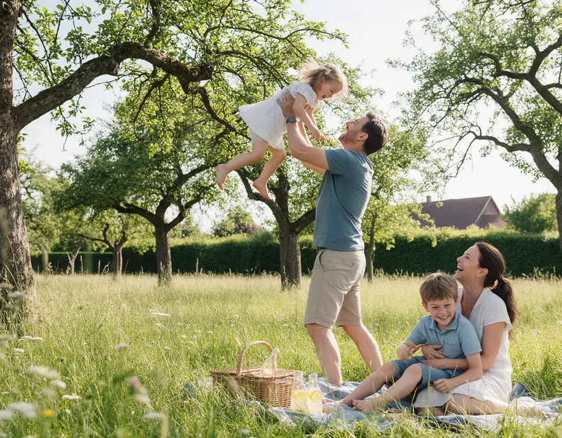 Riester-Rente im Familienalltag: Eine Familie picknickt lachend auf der Streuobstwiese, der Vater hebt die Tochter hoch