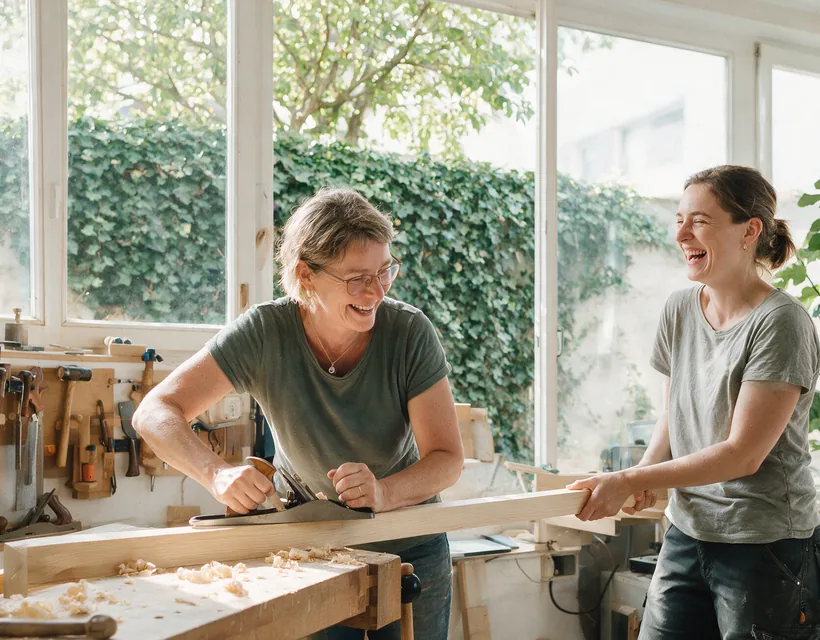 Zwei Frauen lachen in einer kleinen Schreinerei: die eine hobelt ein langes Brett an der Werkbank, die andere hält es am Ende fest; an der Wand hängt Werkzeug