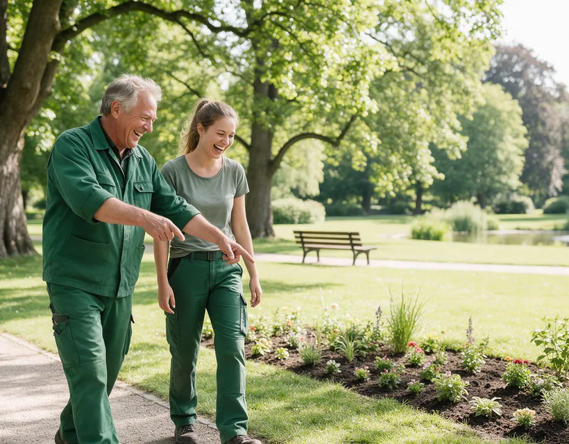 Ein älterer Gärtner in grüner Arbeitskleidung zeigt einer jungen Kollegin lachend ein frisch bepflanztes Beet im Stadtpark, dahinter alte Bäume, eine Parkbank und ein Teich