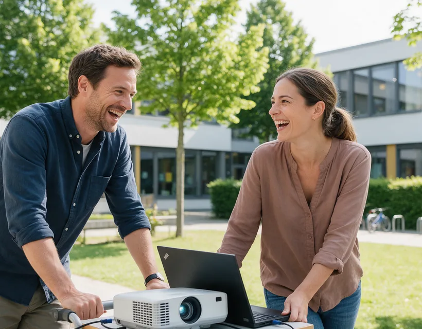 Ein Mann und eine Frau schieben lachend einen Rollwagen mit Beamer und Laptop über den grünen Hof eines modernen Schulgebäudes, dahinter junge Linden, Hecken und ein Fahrradständer