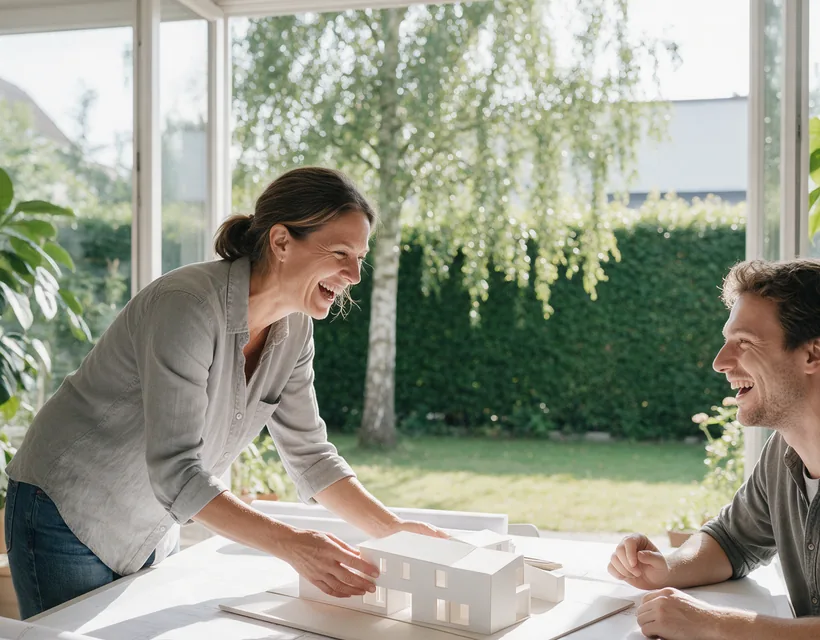 Praxisausfallversicherung für Selbstständige: Eine Architektin zeigt in ihrem Büro mit Blick in den Garten einem Kollegen ein Hausmodell