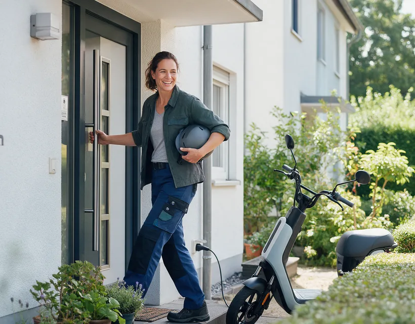 Eine Frau mit Helm unter dem Arm tritt lächelnd aus der Haustür, davor steht ein moderner Elektroroller vor einer Hecke