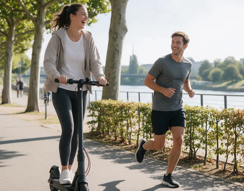 Eine Frau fährt lachend E-Scooter auf einer Flusspromenade unter Platanen, neben ihr joggt ein Mann