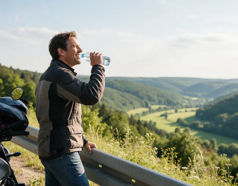 Ein Motorradfahrer trinkt lachend aus einer Wasserflasche an einer Leitplanke über einem grünen Tal, links sein Motorrad