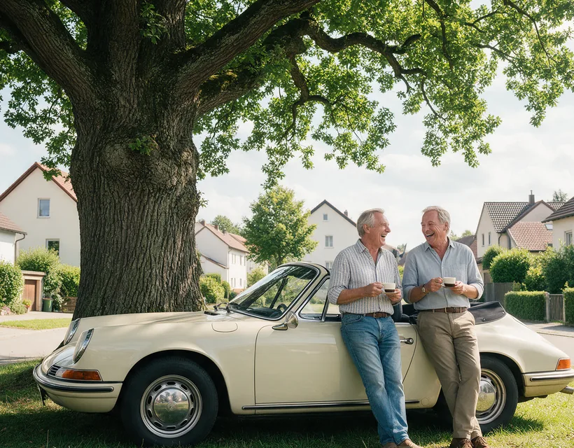 Zwei ältere Männer lehnen lachend mit Kaffeetassen an einem cremefarbenen Oldtimer-Cabrio unter einer großen Eiche