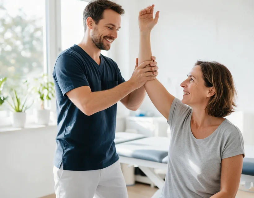 Ein Physiotherapeut hebt lachend den Arm einer Patientin an, in einer hellen Praxis mit Behandlungsliege und Pflanzen am Fenster
