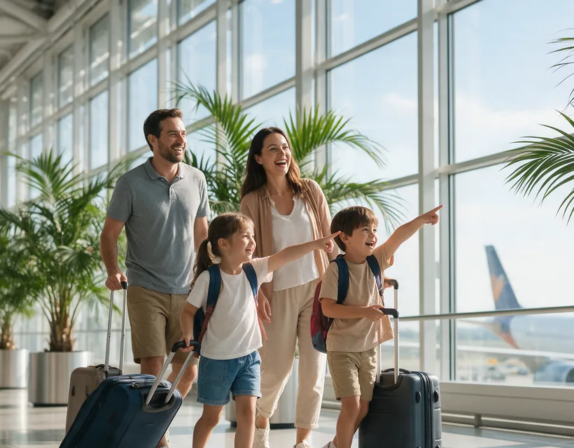 Eine Familie mit zwei Kindern und Rollkoffern geht lachend durch eine Flughafenhalle, die Kinder zeigen auf ein Flugzeug