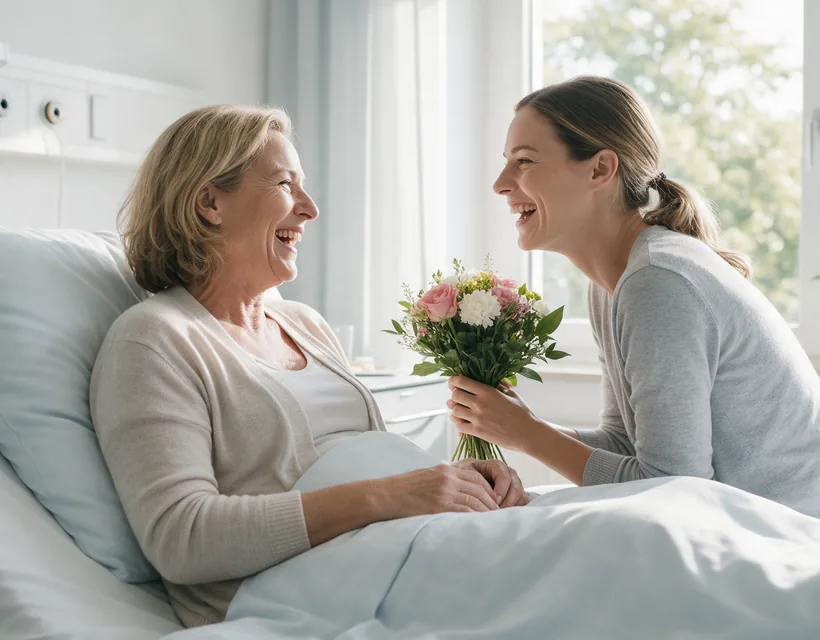 Eine junge Frau bringt einer älteren Frau im Krankenbett einen Blumenstrauß, beide lachen in einem hellen Zimmer