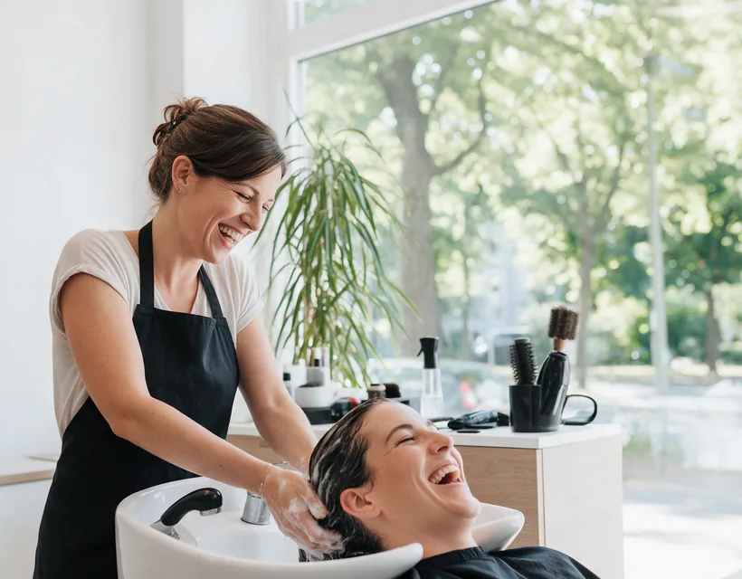 Eine Friseurin in schwarzer Schürze wäscht lachend einer Kundin die Haare am Waschbecken eines hellen Salons