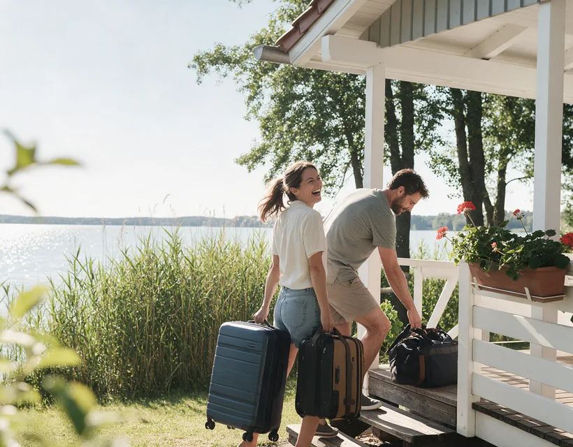Ein Paar trägt lachend Koffer zu einem weißen Ferienhaus am See, am Geländer blühen Geranien, am Ufer steht Schilf