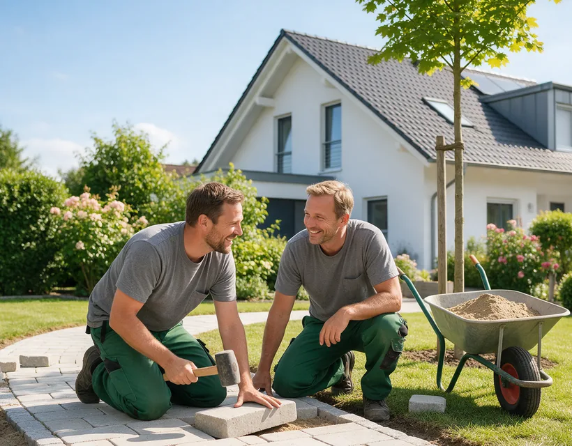Betriebshaftpflicht im Kundenauftrag: Zwei Gartenbauer setzen im Vorgarten eines Hauses lachend Pflastersteine für einen neuen Weg