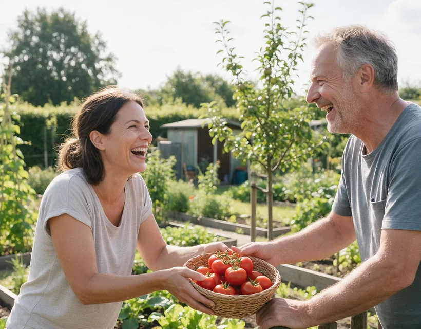 Eine Frau und ein Mann lachen in einer Kleingartenanlage, sie reicht ihm einen Korb mit Tomaten aus den Hochbeeten; im Hintergrund ein Gartenhäuschen, ein junger Obstbaum und dichtes Grün