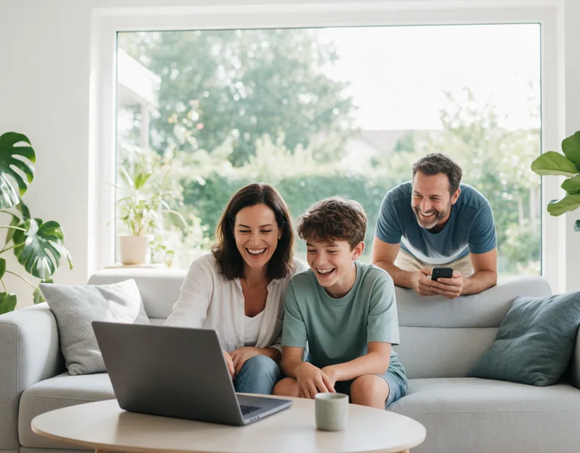 Eine Mutter und ihr Sohn schauen lachend auf dem Sofa auf einen Laptop, der Vater lehnt mit einem Smartphone in der Hand über der Sofalehne; hinter ihnen ein großes Fenster zum grünen Garten und Zimmerpflanzen