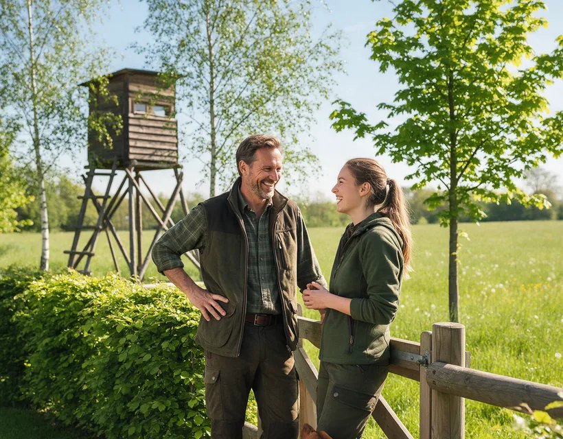 Ein Mann und eine junge Frau in grüner Jagdkleidung unterhalten sich lachend an einem Holzzaun am Rand einer Wiese, dahinter ein hölzerner Hochsitz zwischen jungen Birken