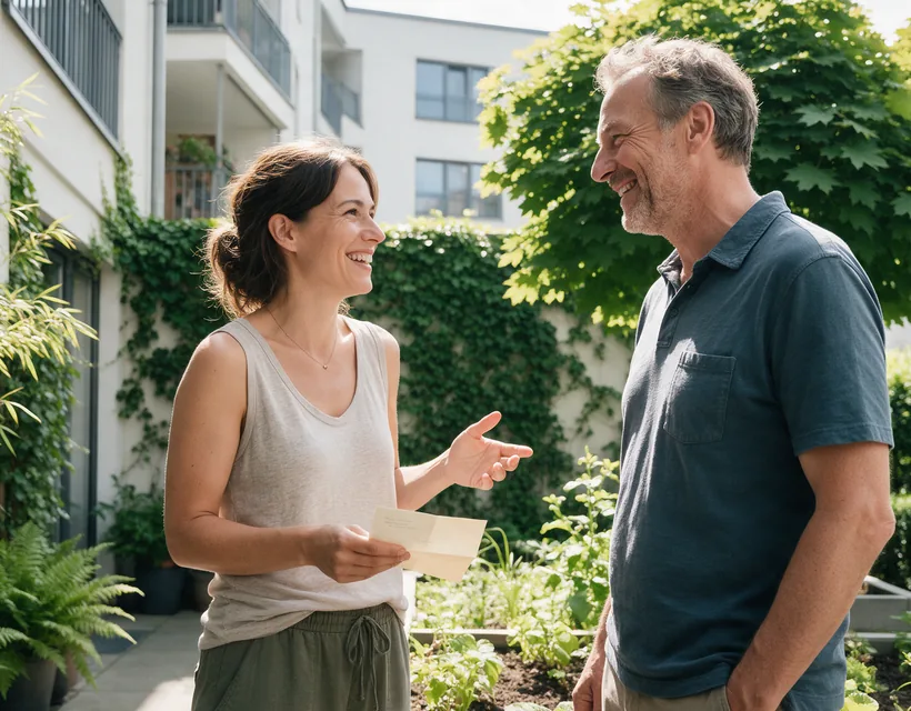 Eine Frau mit einem Schreiben in der Hand spricht lachend mit einem Mann im begrünten Innenhof eines Mehrfamilienhauses