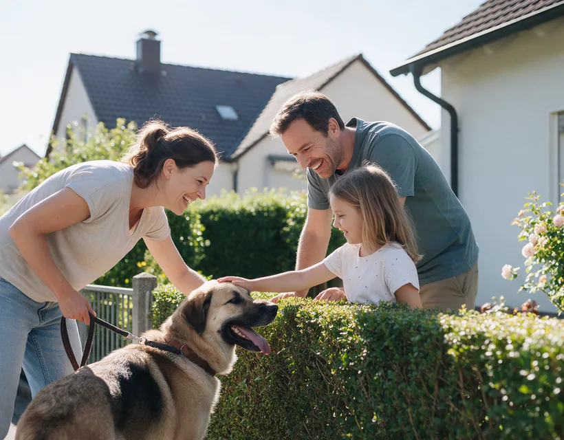 Eine Familie streichelt lachend über die Gartenhecke hinweg einen großen Hund, ein Mädchen greift mit den Erwachsenen nach dem Fell; im Hintergrund helle Einfamilienhäuser