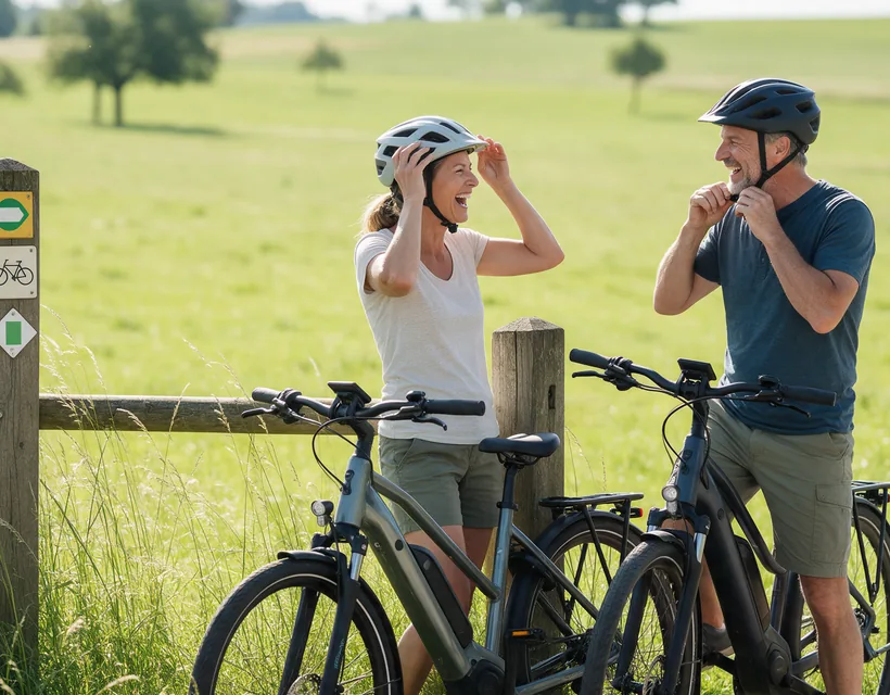Ein Paar setzt sich lachend die Fahrradhelme auf, vor ihnen zwei E-Bikes an einem Holzzaun mit Radwegschild am Rand einer Wiese