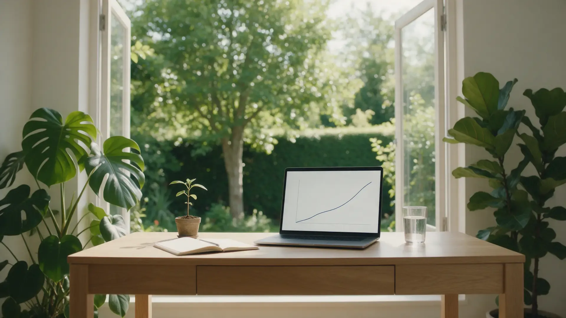 Ein Schreibtisch vor einem offenen Fenster zum Garten, darauf ein Laptop mit einer steigenden Linie und ein junger Setzling im Topf