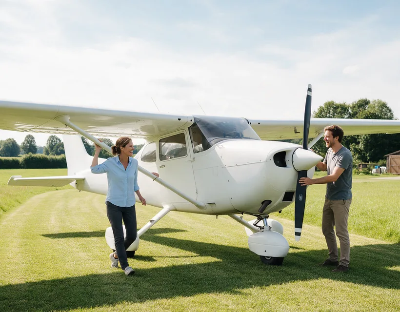 Luftfahrtversicherung: Eine Pilotin macht auf dem Graslandeplatz den Vorflugcheck an einem Kleinflugzeug, ein Mann hält den Propeller