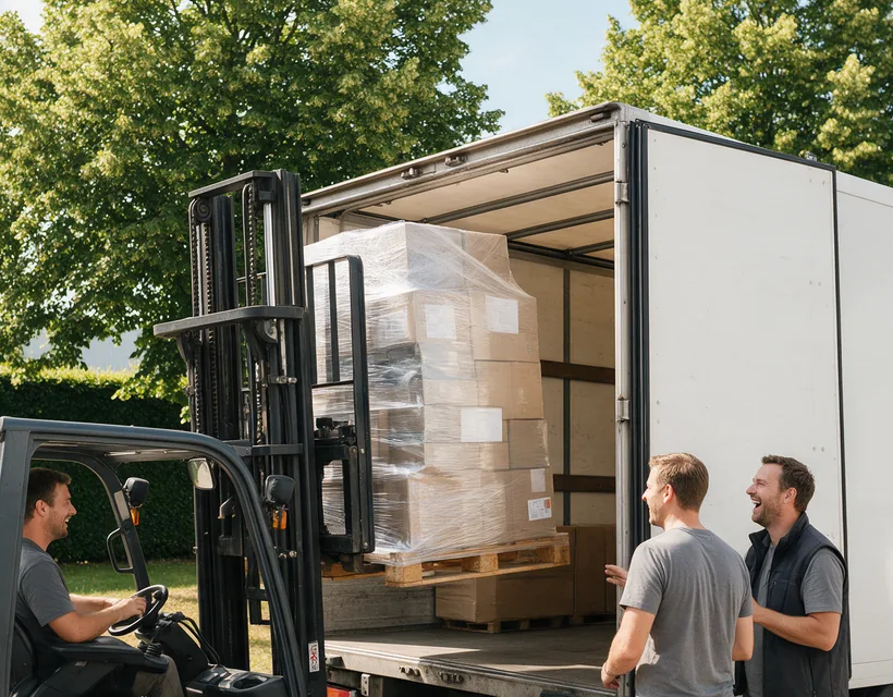 Warentransportversicherung: Ein Gabelstapler hebt eine verpackte Palette in einen Lkw, Fahrer und Lagerist prüfen lachend die Ladung