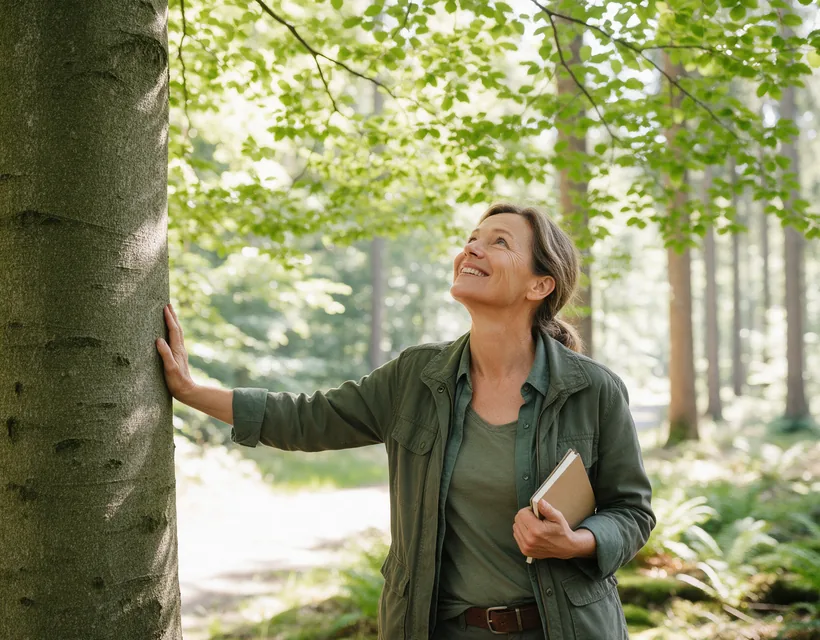 Eine Frau mit Notizbuch legt im lichten Laubwald die Hand an einen Buchenstamm und blickt lächelnd in die Baumkronen