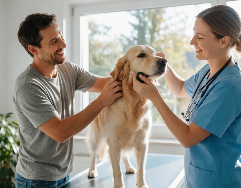 Ein Mann und eine Tierärztin untersuchen lächelnd einen Golden Retriever auf dem Behandlungstisch einer hellen Praxis