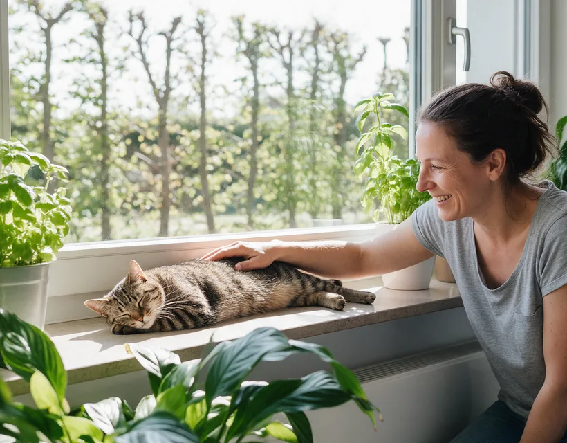 Eine Frau streichelt lächelnd eine getigerte Katze, die zwischen Kräutertöpfen auf der sonnigen Fensterbank schläft