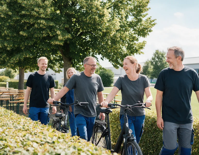 Betriebliche Gruppenunfallversicherung: Fünf Kolleginnen und Kollegen gehen lachend mit Fahrrädern über das grüne Firmengelände in die Pause