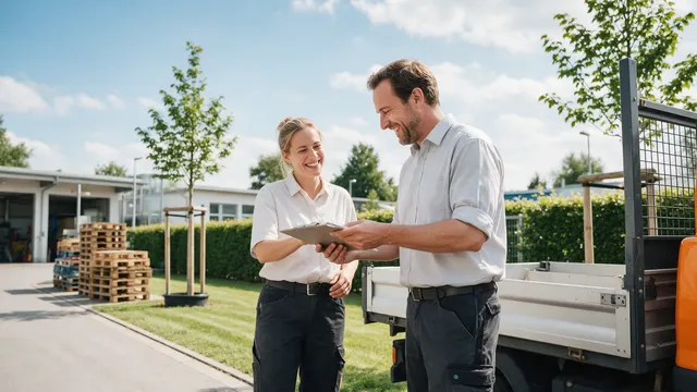 Zwei Beschäftigte stehen auf dem Hof eines Bauhofs neben einem Pritschenwagen und sehen gemeinsam auf ein Klemmbrett, daneben junge Bäume und eine Hecke