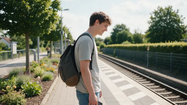 Ein junger Mann mit Rucksack steht auf einem sonnigen Bahnsteig und sieht die Gleise entlang, dahinter Beete und eine Hecke