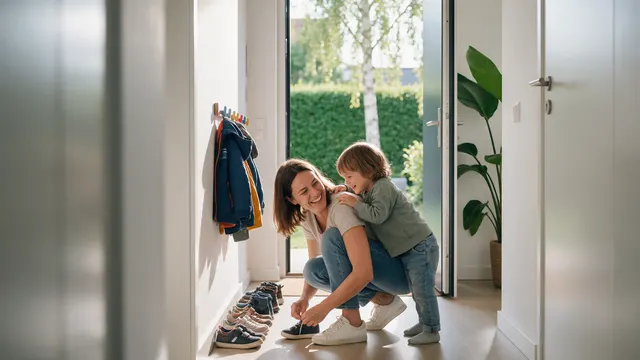 Eine Mutter bindet im Hausflur einem Kind den Schuh, daneben eine Reihe Kinderschuhe, am Ende des Flurs eine offene Tür in den Garten