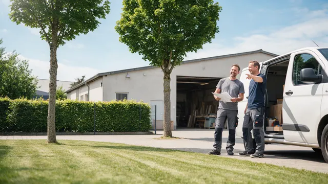 Zwei Handwerker stehen auf dem Hof eines Betriebs neben einem offenen Transporter über einem Plan, dahinter das offene Hallentor