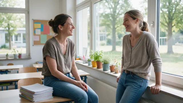 Zwei Lehrerinnen unterhalten sich in einem hellen Klassenzimmer am Fenster, auf dem Tisch ein Stapel Hefte, draußen der grüne Schulhof
