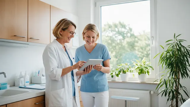 Eine Ärztin und eine Mitarbeiterin sehen in einem hellen Behandlungsraum gemeinsam auf ein Tablet, am Fenster stehen Pflanzen